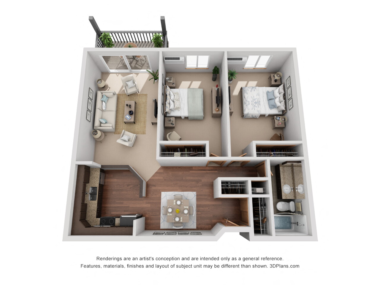 Floor plan for 2 beds, 1 bath, 1003 sqft